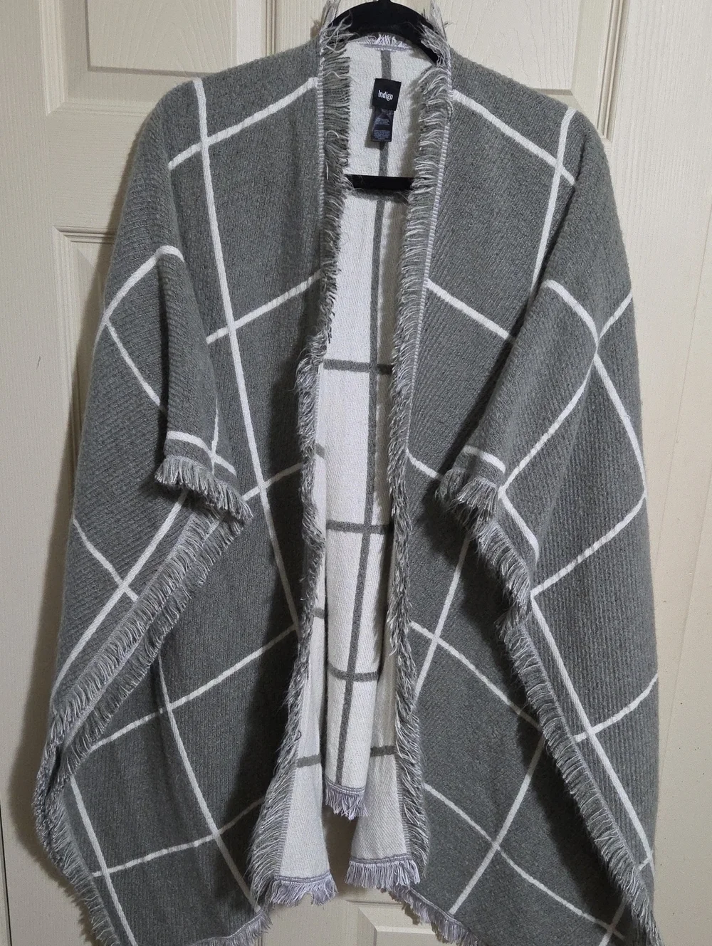 Indigo Gray and White Plaid Fringe Poncho - Picture 1 of 3